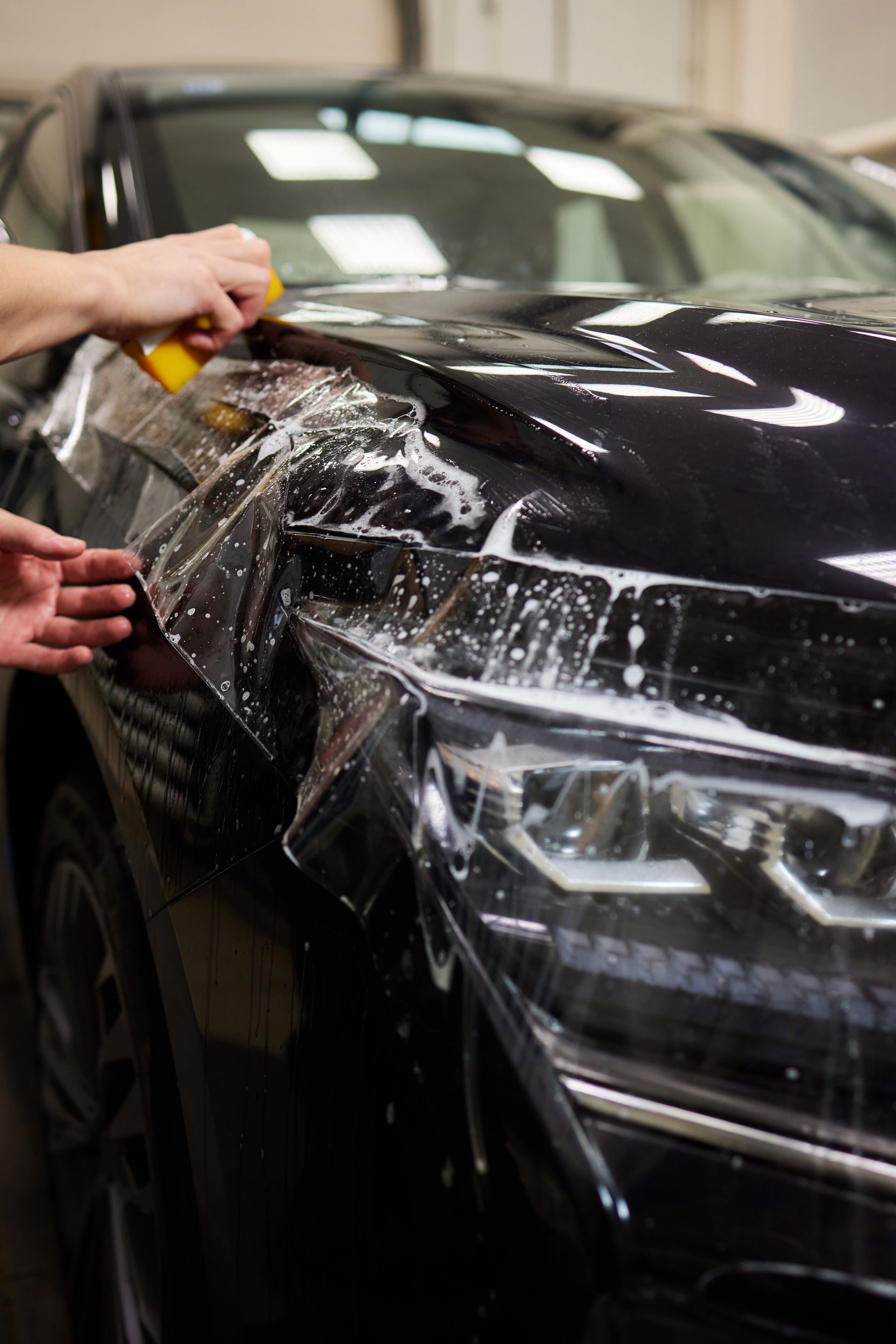 Paint protection film installed on a vehicle front end
